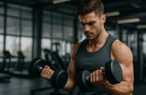 Homem iniciante treinando musculação com halteres em academia moderna para ganhar massa muscular rápido